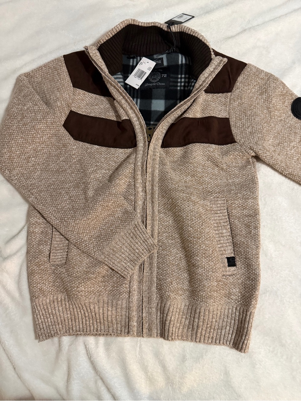 Buffalo David Bitton Beige Zip-Up Knit Sweater with Brown Panels